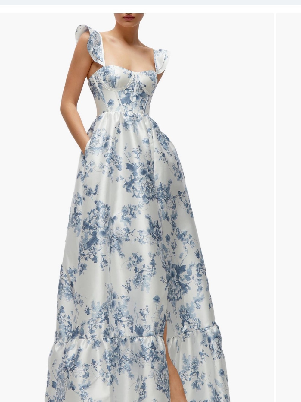 Dessy Collection White and Blue Floral Maxi Dress